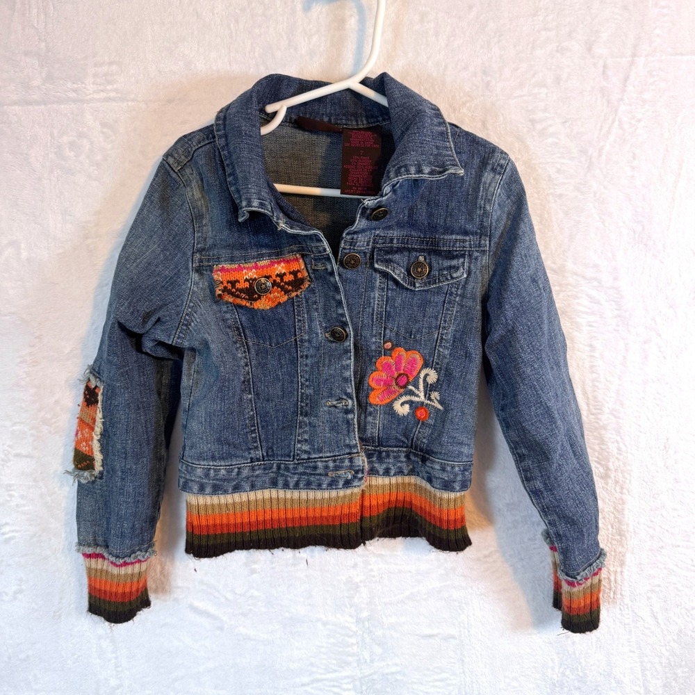 Mary Kate and Ashley Kids Denim‎ Jacket Floral Embroidery Striped Trim Size 7